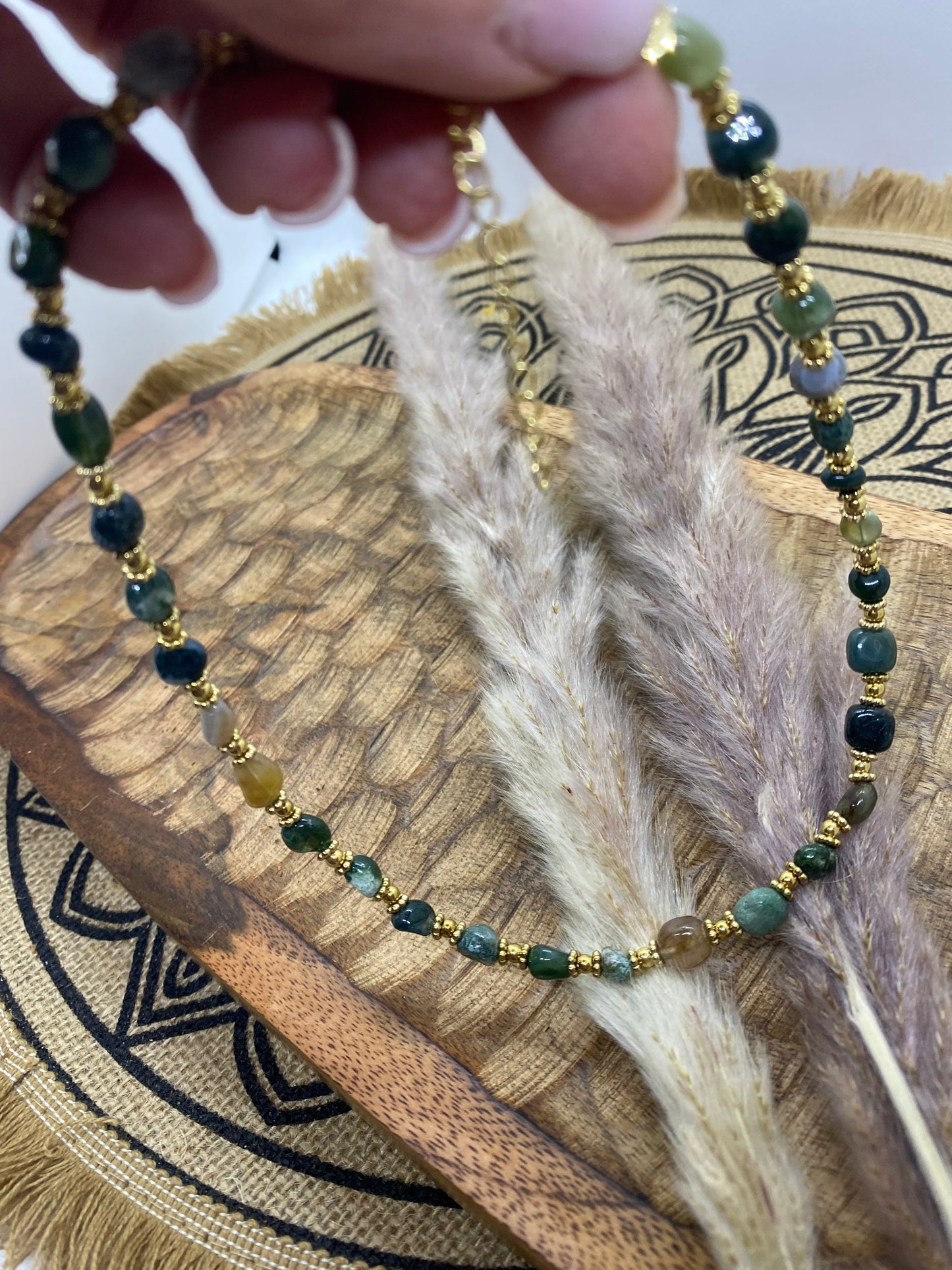 COLLIER PERLES EN ACIER INOXYDABLE ET PIERRES NATURELLES AGATHE INDIEN
