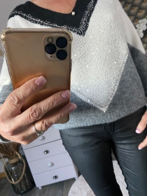 PULL TRICOLORE GRIS 36/44