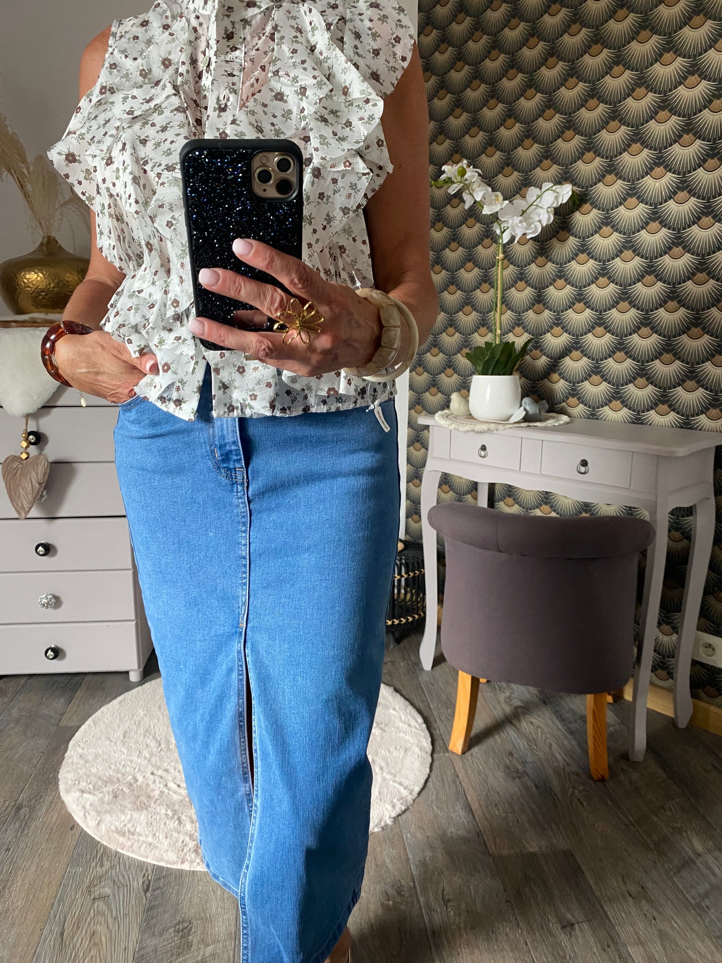 TOP FROUFROU BLANC FLEURS CHOCO ET KAKI TU 36/42