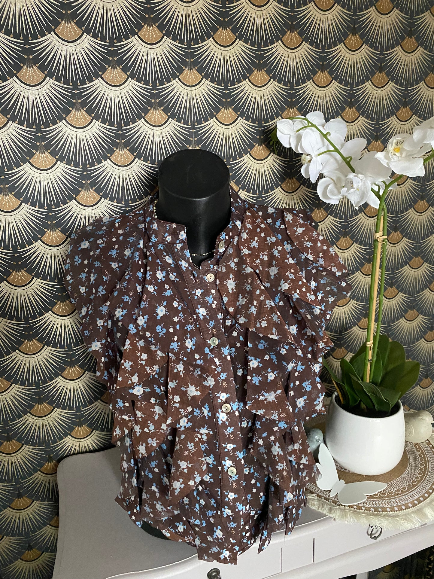 TOP FROUFROU CHOCO FLEURS BLANCHES ET BLEUES TU 36/42