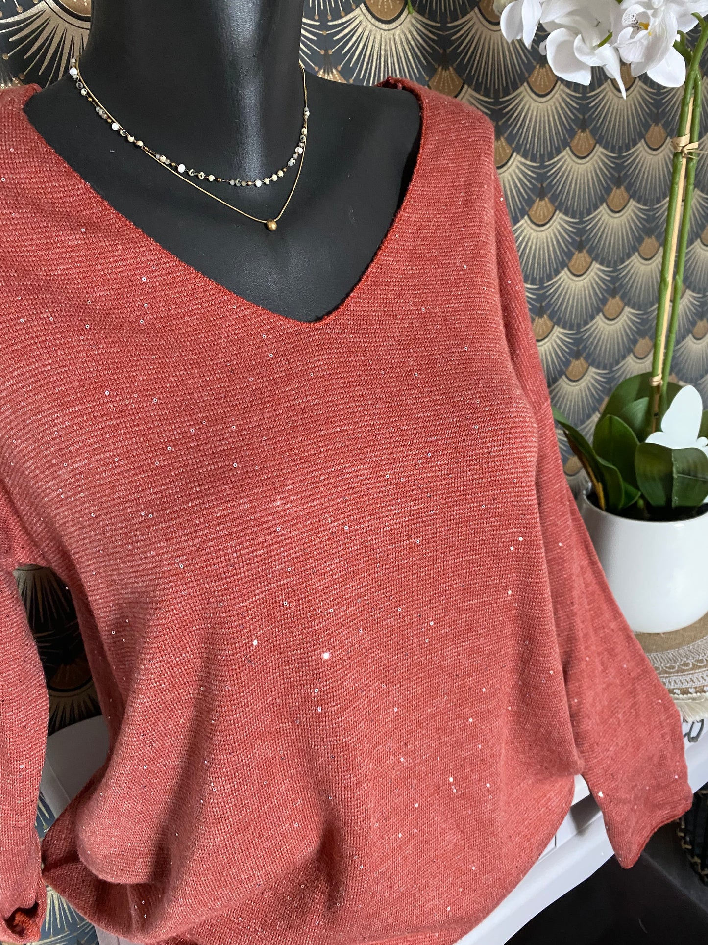PULL FIN SEQUINS BRIQUE TU 38/42 petit 44