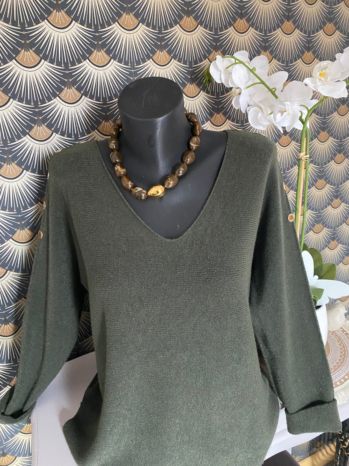 PULL BOUTONS DORES KAKI 36/44