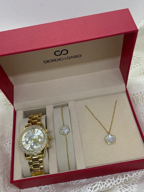 COFFRET 5 MONTRE PLUS PARRURE BRACELET ET COLLIER ACIER INOXYDABLE