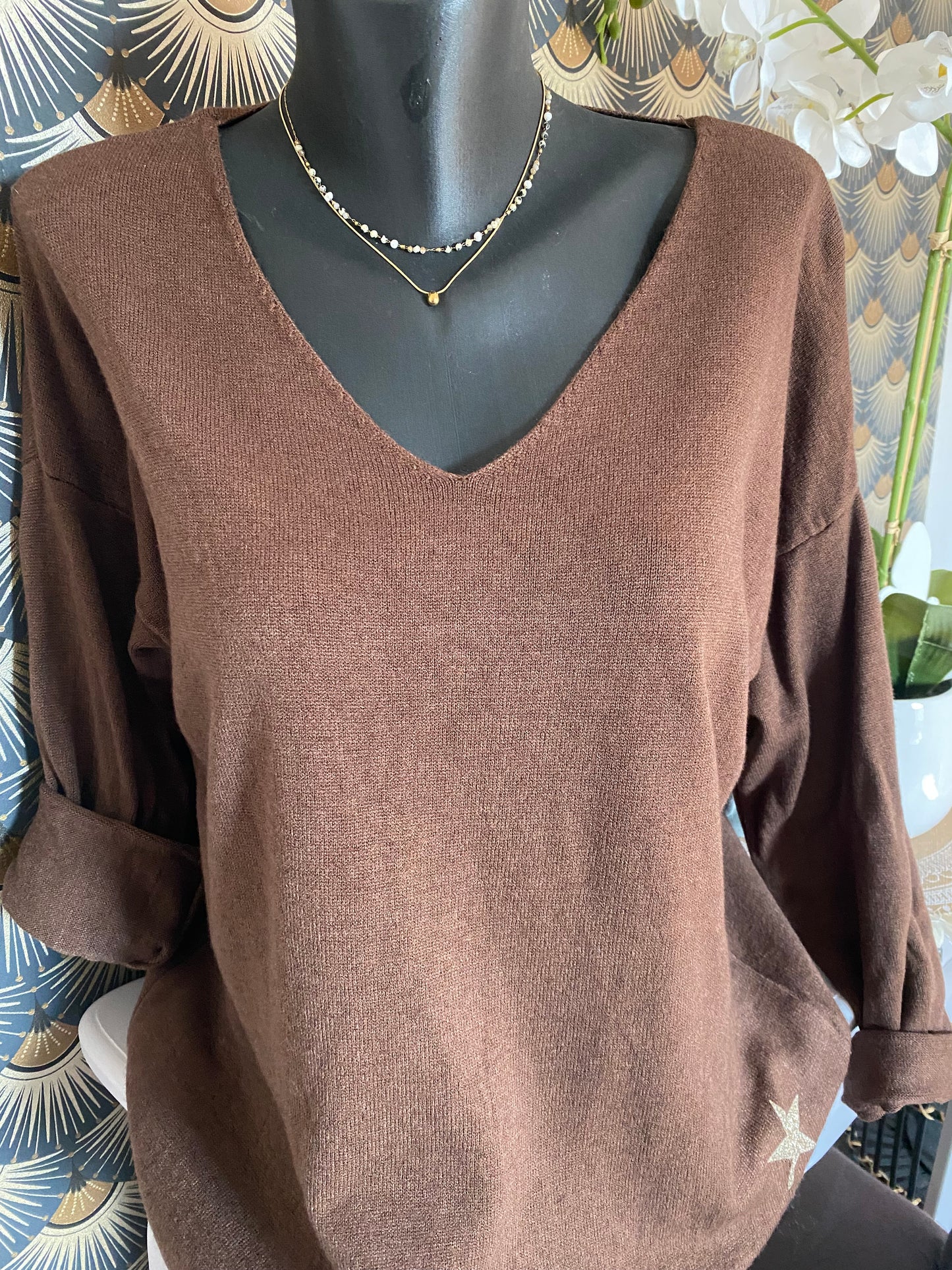 PULL ISSY ETOILES ET LISERET IRISE TU 36/44 CHOCO