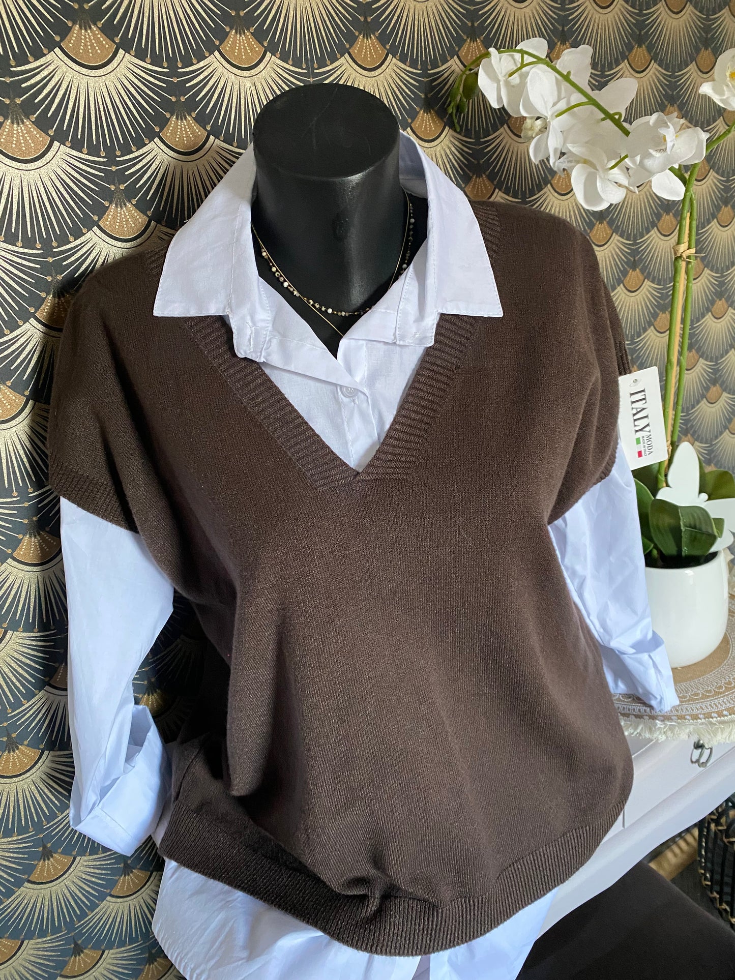 ENSEMBLE PULL SANS MANCHE ET CHEMISE TU 36/44 CHOCO