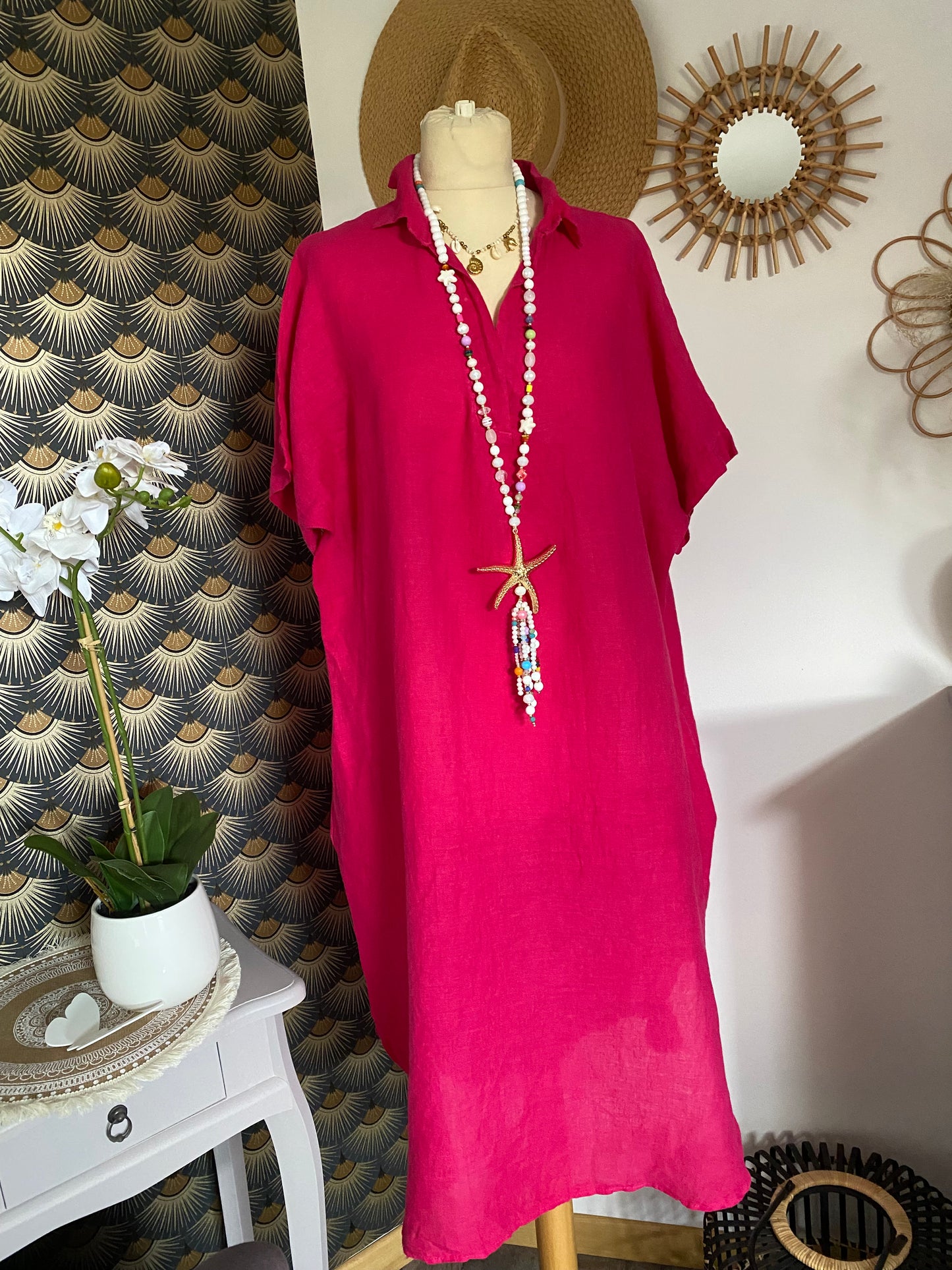 ROBES LIN BELLE TAILLE 44/48 TROIS COLORIS ( KAKI,FUSHIA , ORANGE )