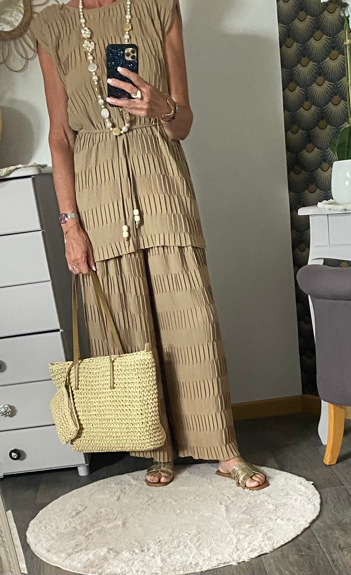 ENSEMBLE PANTALON GAUFFRE CAMEL TU 36/48
