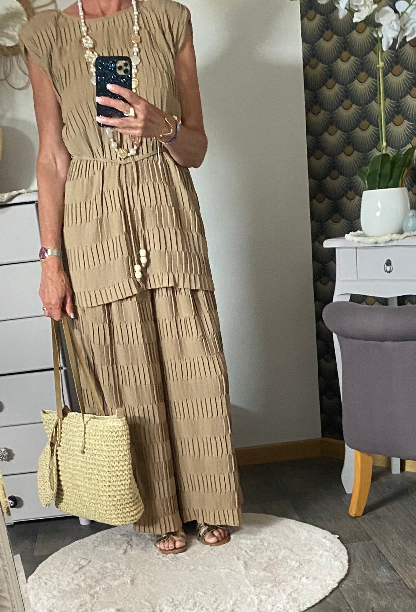 ENSEMBLE PANTALON GAUFFRE CAMEL TU 36/48