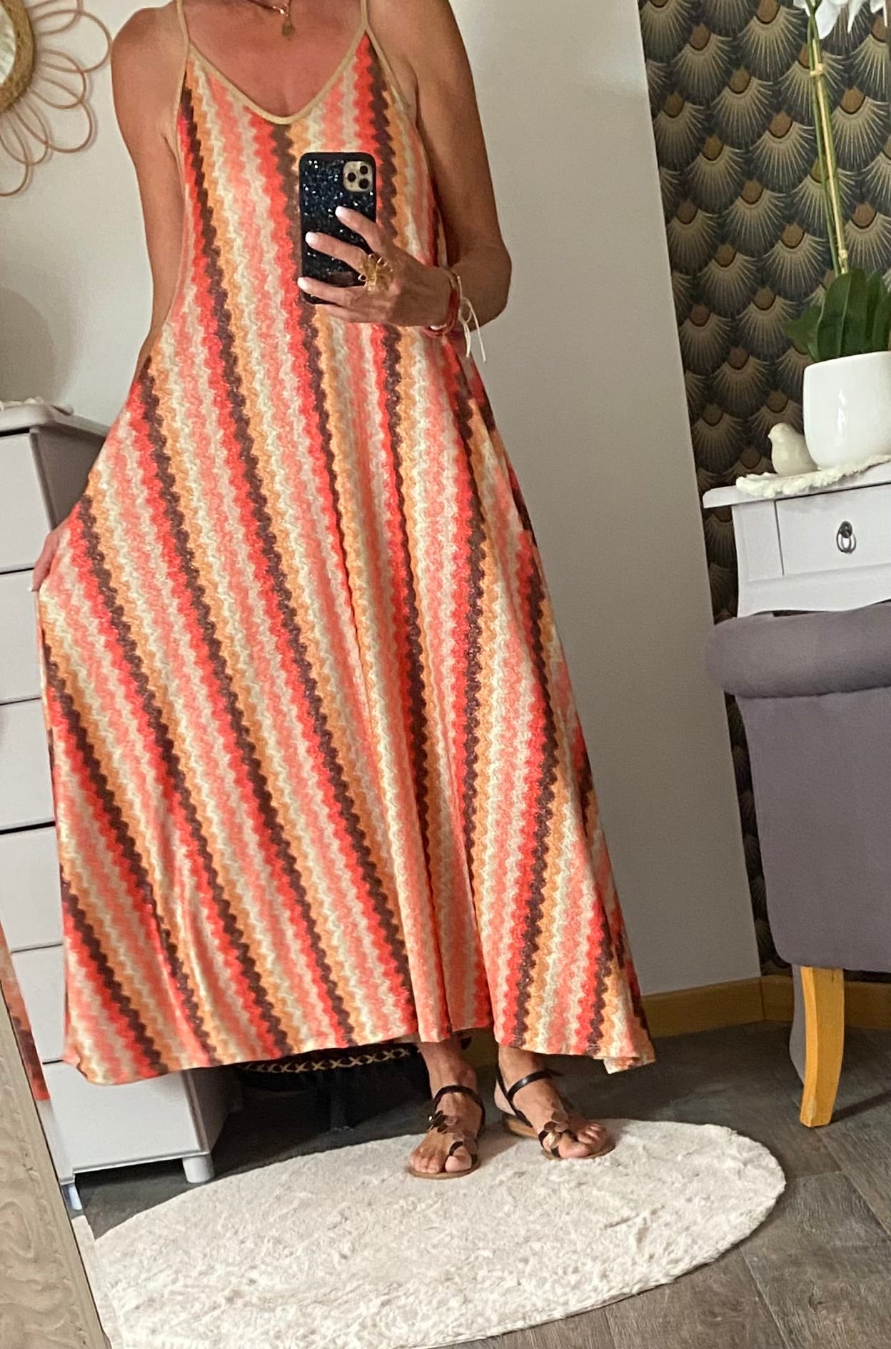 ROBE LUREX BRETELLES FINES ORANGE 36/44