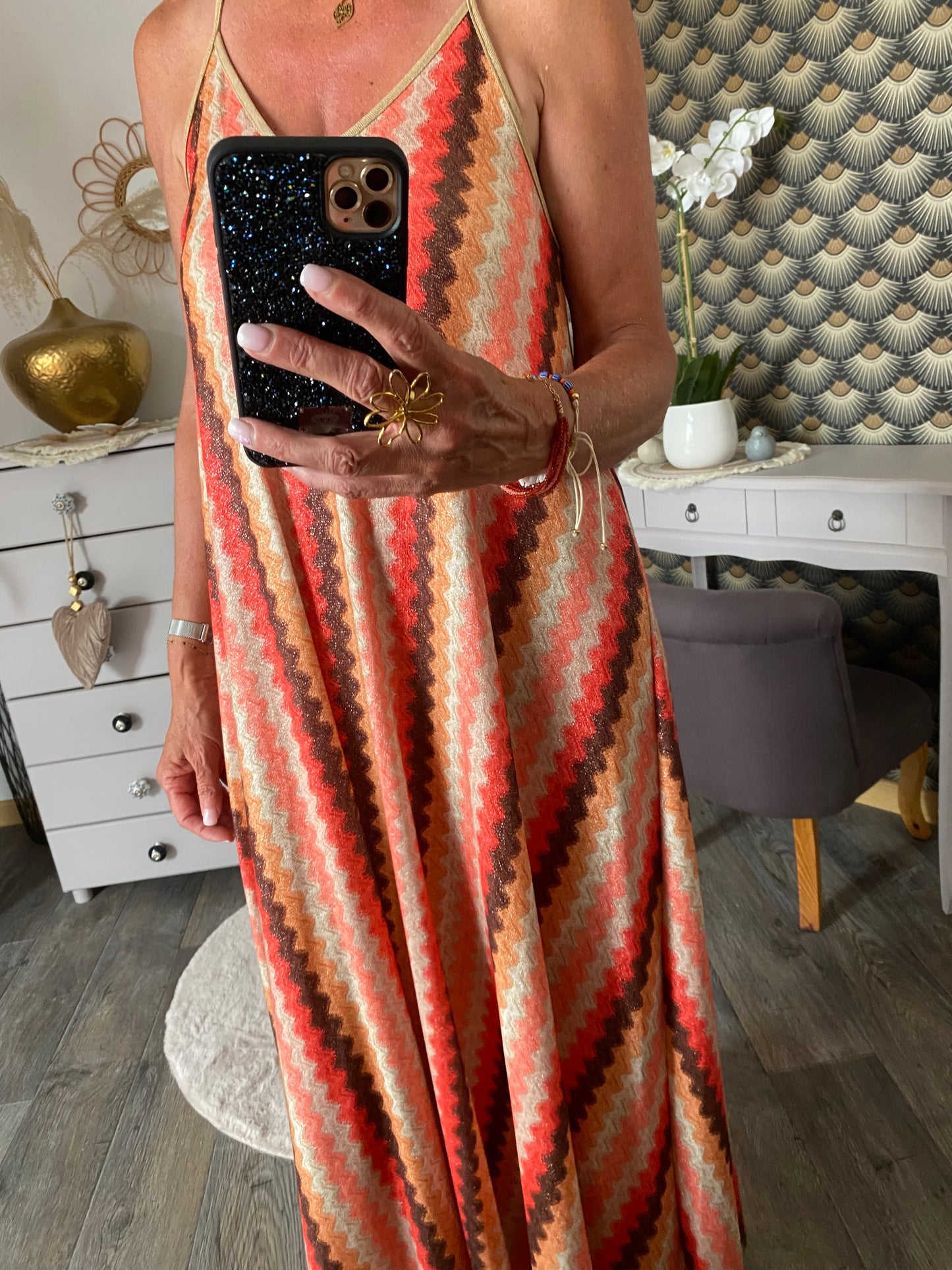 ROBE LUREX BRETELLES FINES ORANGE 36/44