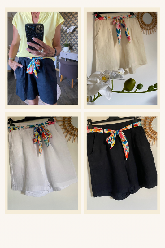 SHORT LIN CEINTURE FLORAL   36/42  petit 44  TROIS COULEURS  ( BLEU , BLANC , ECRU )
