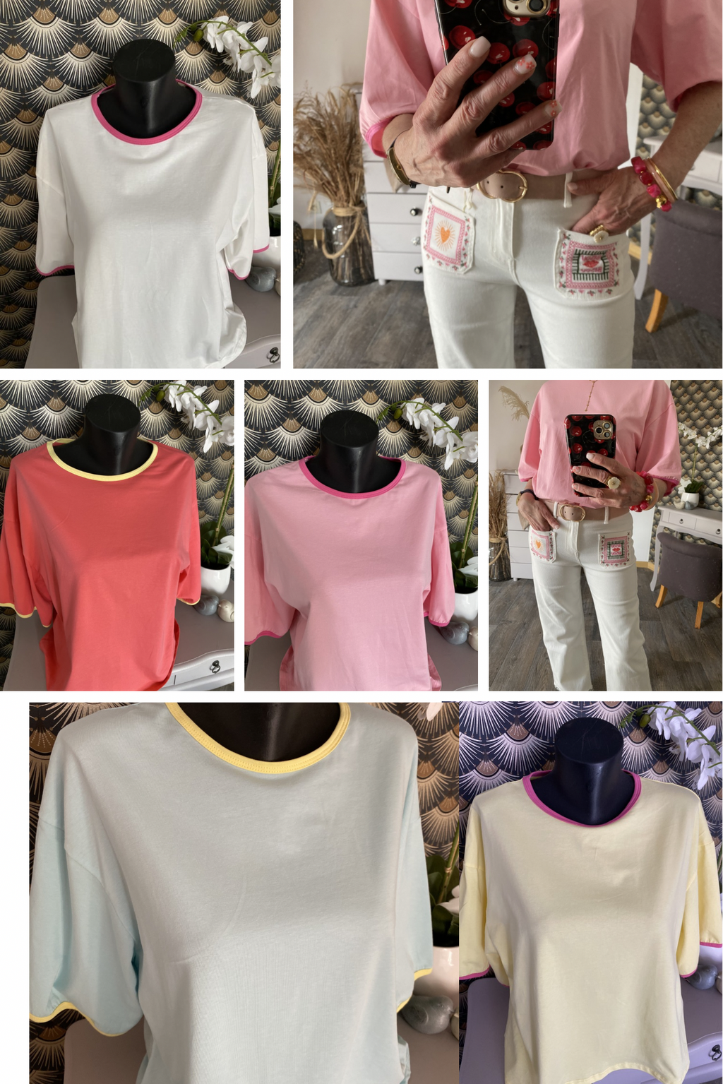 T-SHIRT   THE CORNER   ROSE / BLANC /JAUNE / TURQUOISE/CORAIL TU 34/44