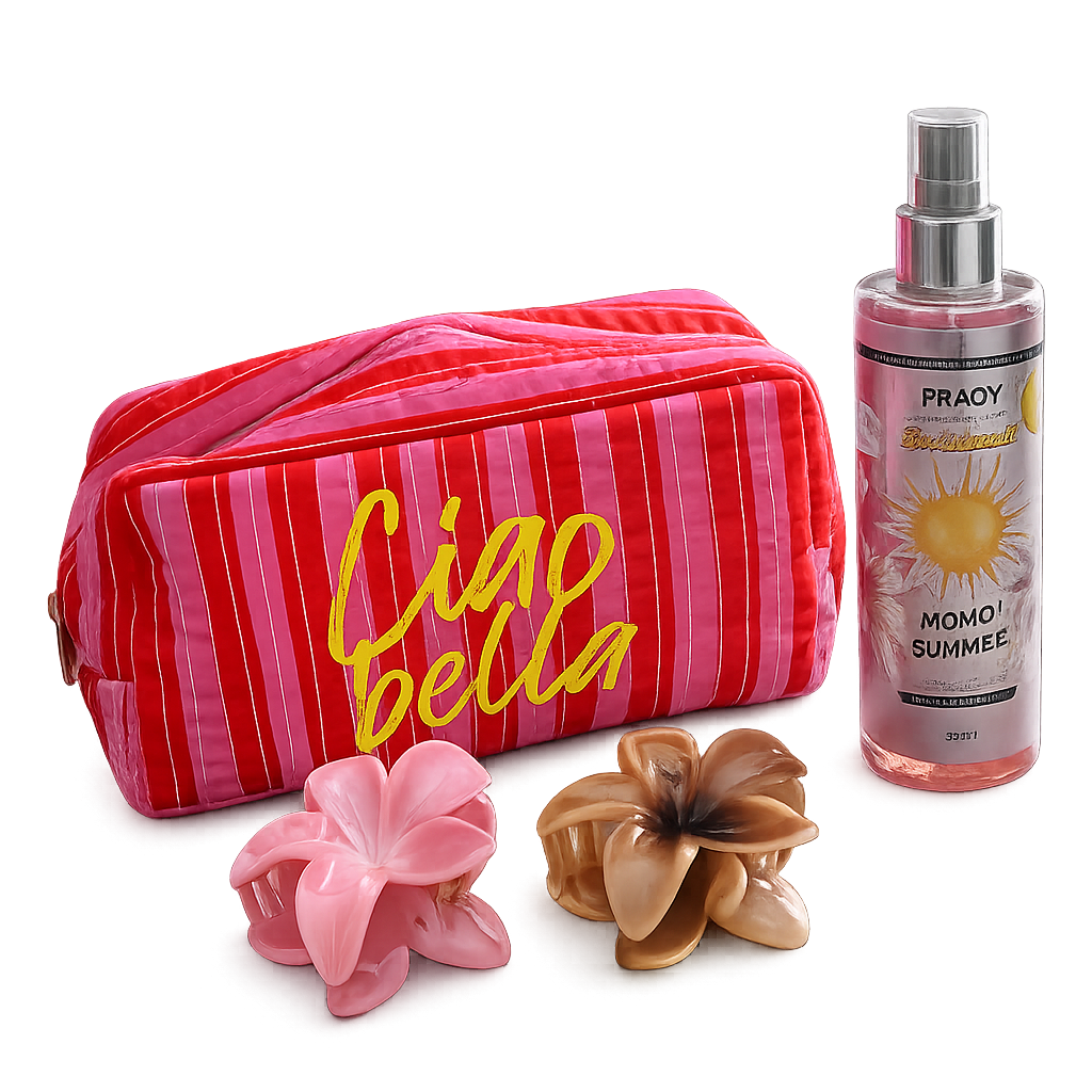 ENSEMBLE TROUSSE DE TOILETTE BELLA CIAO  1  AVEC BRUME SCINTILLANTE ET DEUX PINCES