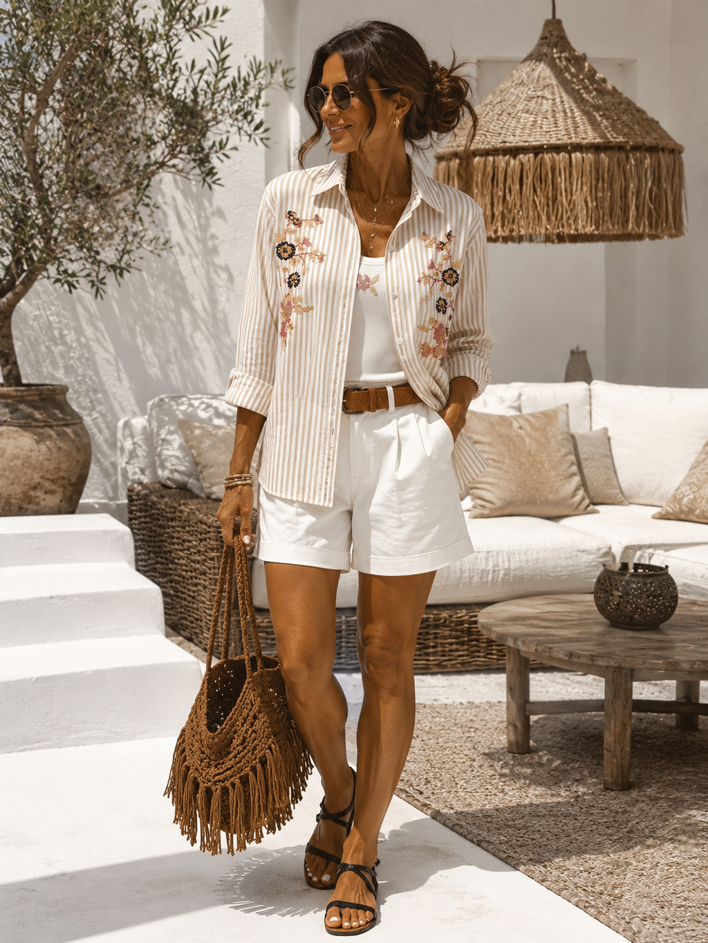 ENSEMBLE CHEMISE   BRODEE RAYEE ET DEBARDEUR  BEIGE TU 34/42
