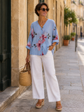 VESTE FLEURIE LIN TU 36/44  BLEU