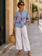 VESTE FLEURIE LIN TU 36/44  BLEU