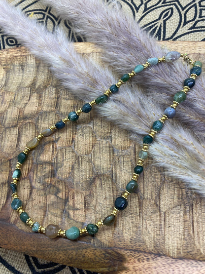 COLLIER  PERLES EN ACIER INOXYDABLE ET PIERRES NATURELLES  AGATHE INDIEN