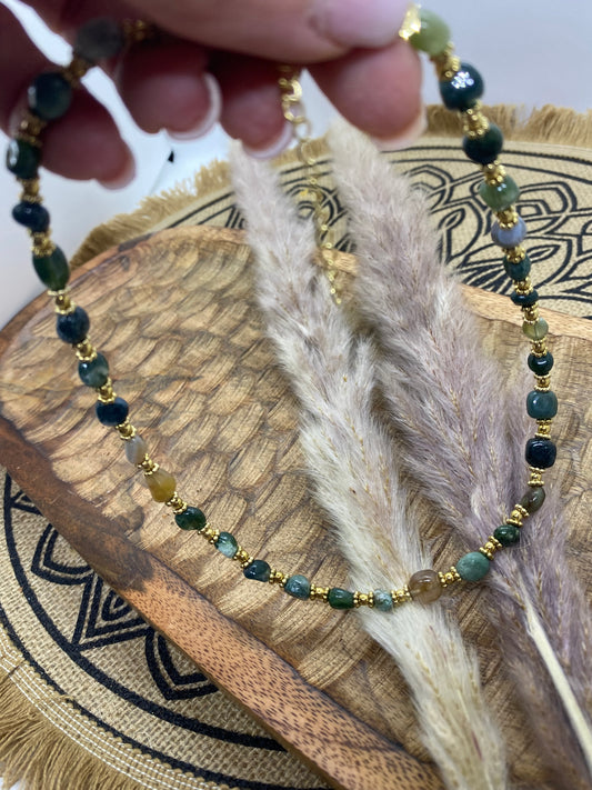 COLLIER  PERLES EN ACIER INOXYDABLE ET PIERRES NATURELLES  AGATHE INDIEN