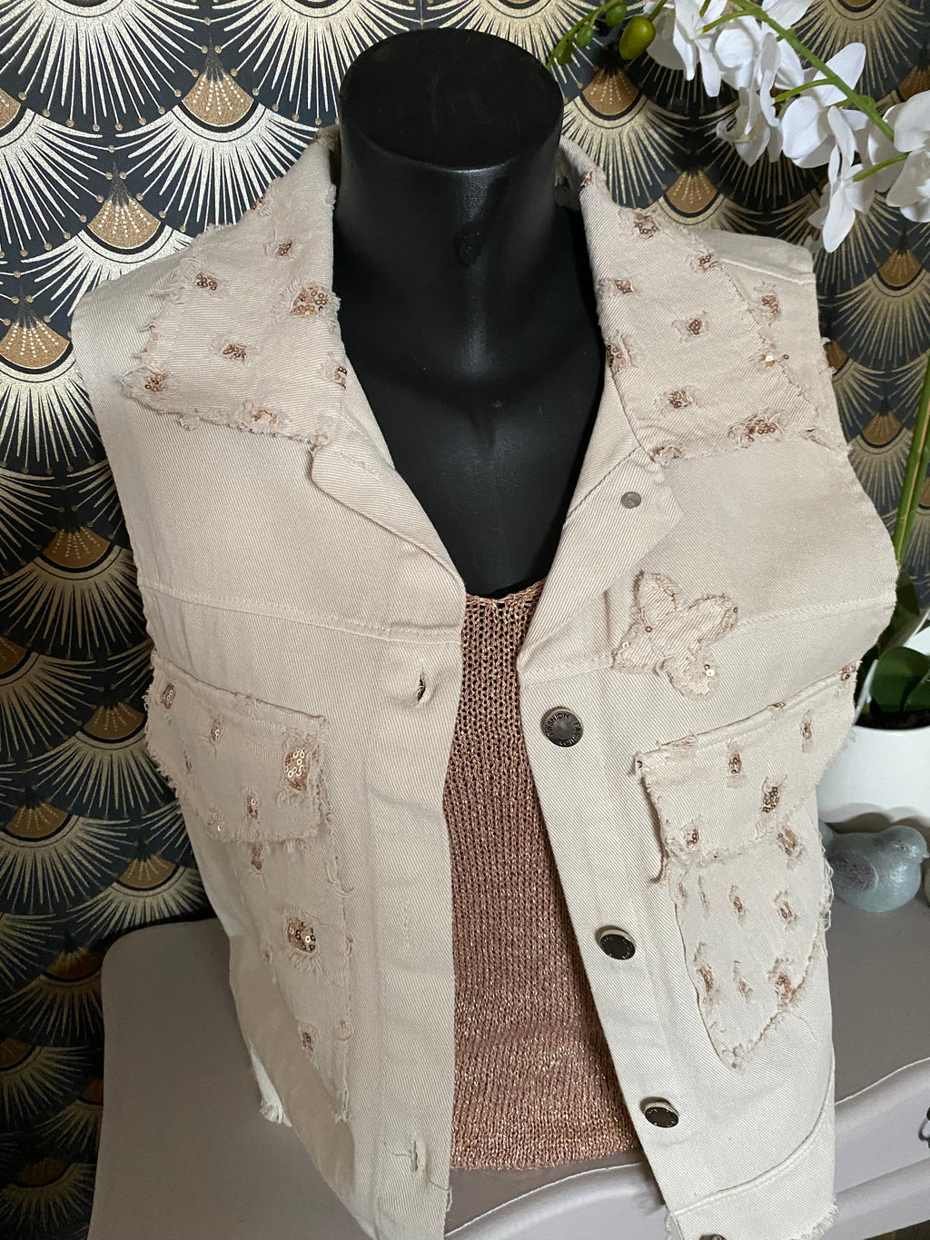 VESTE JEAN BEIGE   ET SEQUINS MG  taille unique 36/ 42 PETIT 44