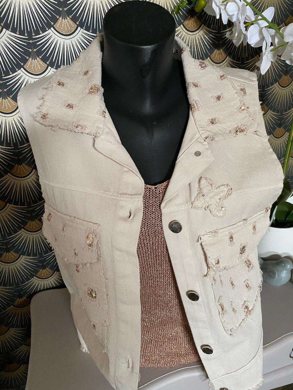VESTE JEAN BEIGE   ET SEQUINS MG  taille unique 36/ 42 PETIT 44