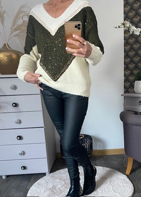 PULL TRICOLORE  KAKI  36/44