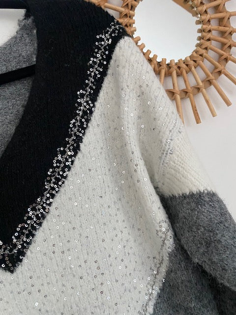 PULL TRICOLORE  GRIS  36/44