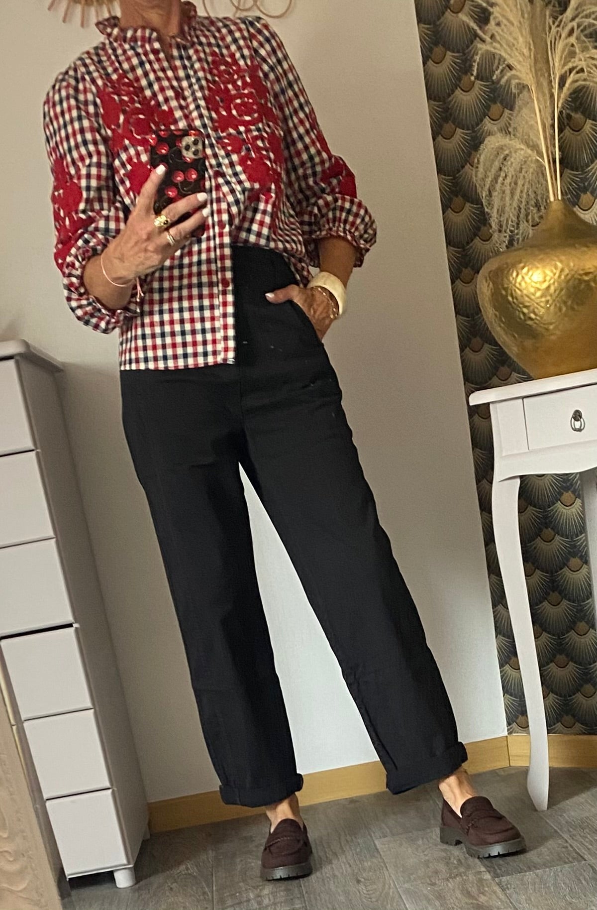 CHEMISE JULIE BRODERIES ROUGE  TAILLES : S/M OU M/L