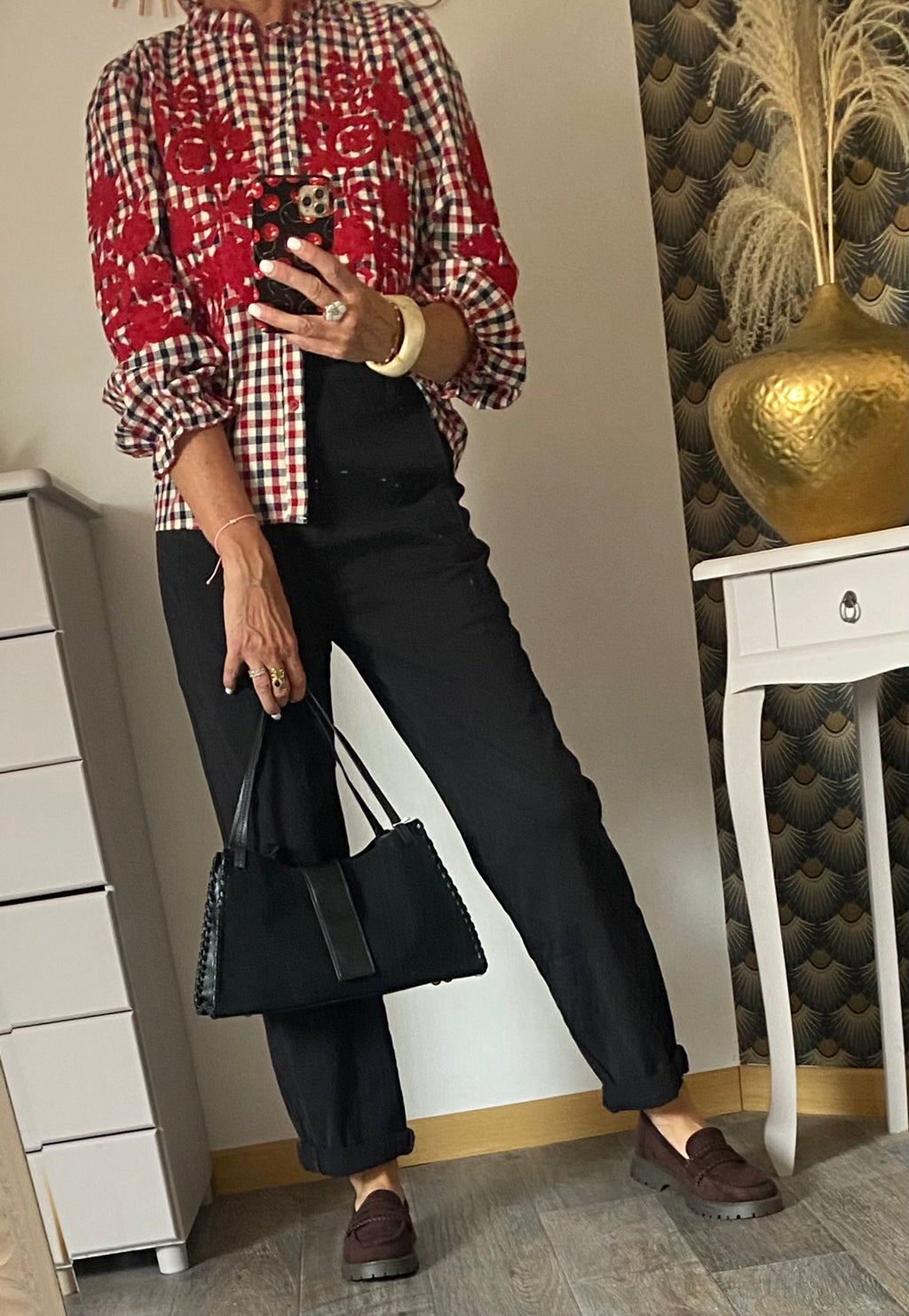 CHEMISE JULIE BRODERIES ROUGE  TAILLES : S/M OU M/L