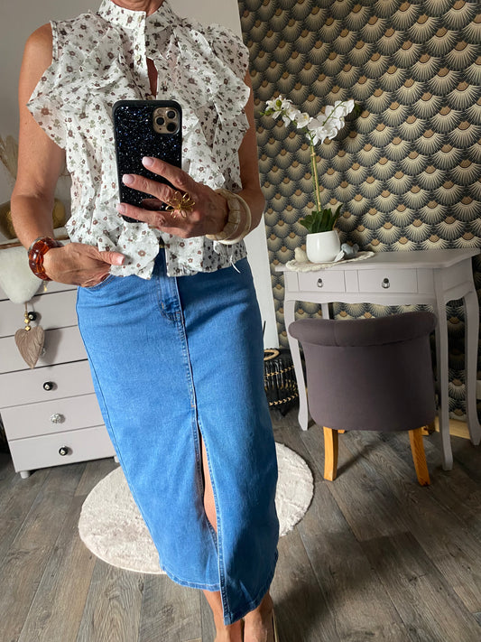 TOP FROUFROU BLANC FLEURS CHOCO ET KAKI  TU 36/42