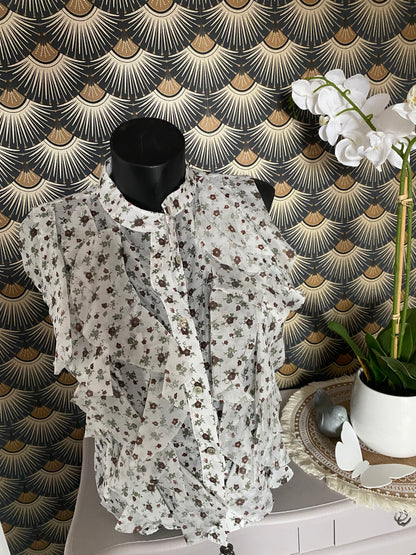 TOP FROUFROU BLANC FLEURS CHOCO ET KAKI  TU 36/42