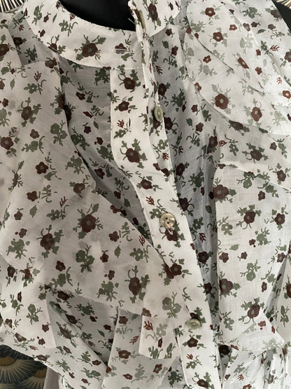 TOP FROUFROU BLANC FLEURS CHOCO ET KAKI  TU 36/42