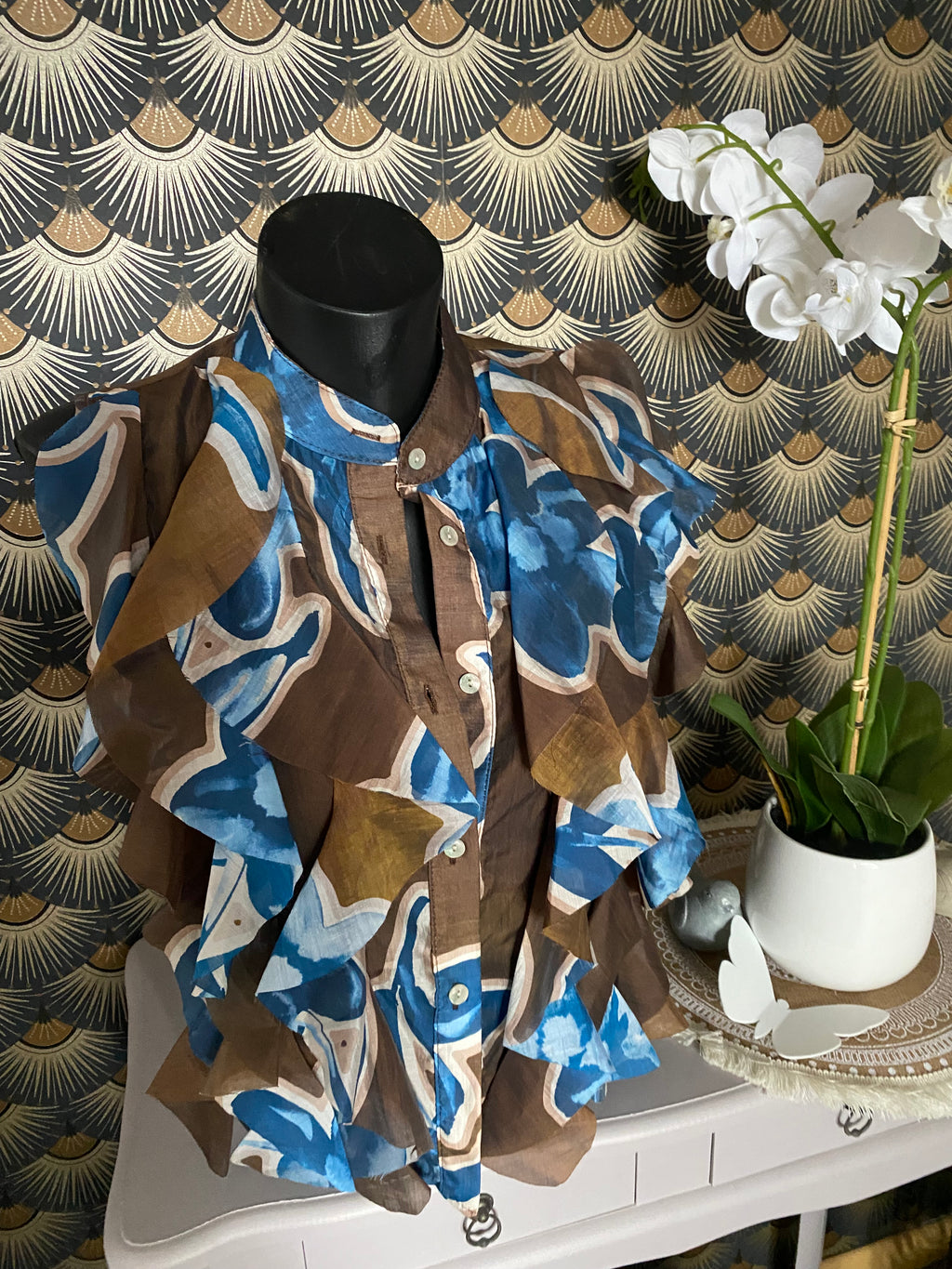 TOP FROUFROU CHOCO AVEC FLEURS BLEUES TU36/42