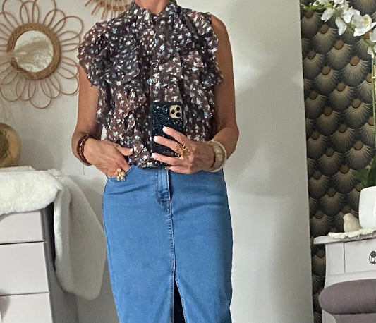 TOP FROUFROU  CHOCO FLEURS BLANCHES  ET BLEUES TU 36/42