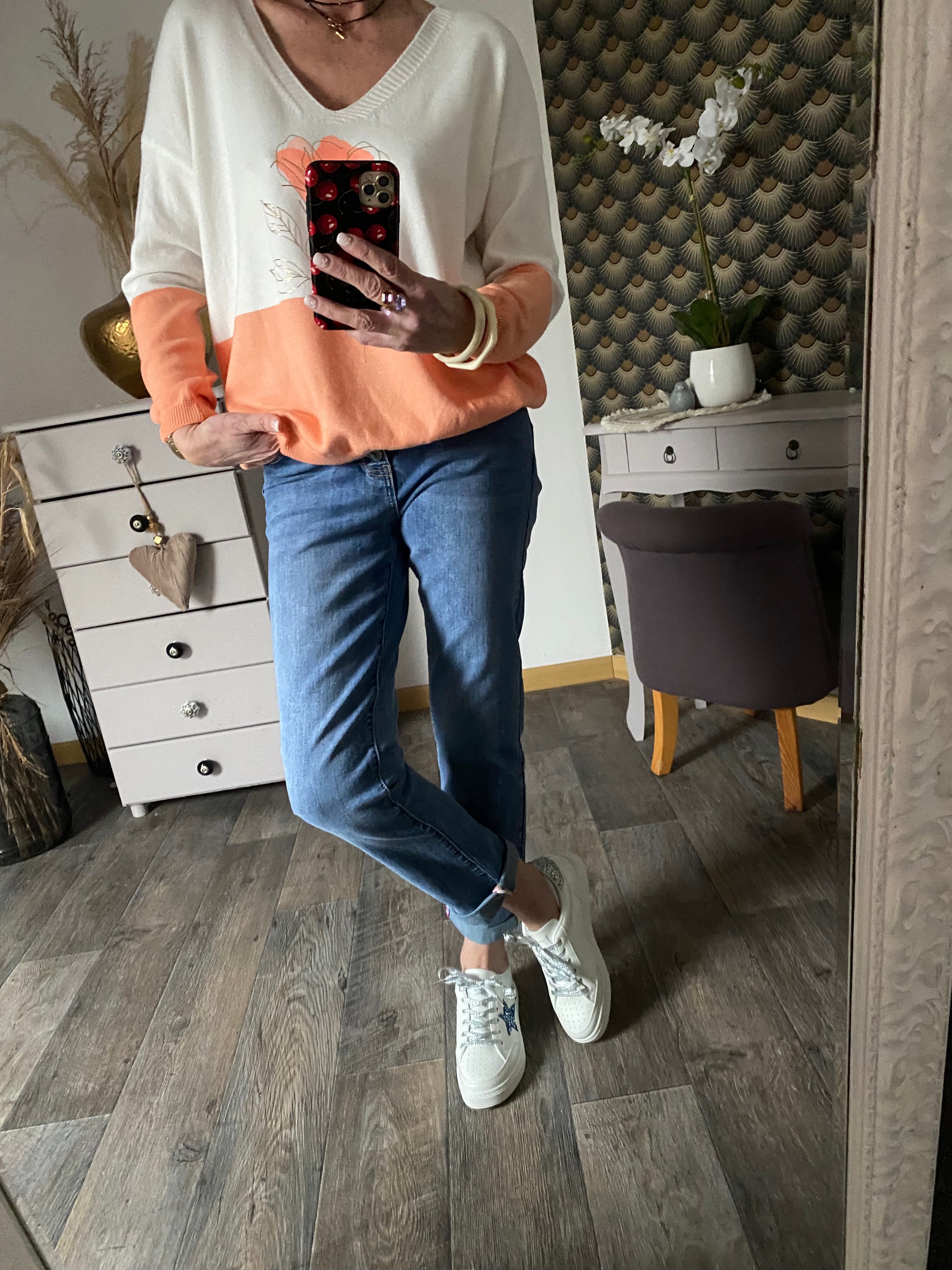 PULL  FIN CARLA FLEURS CORAIL  TU 38/44