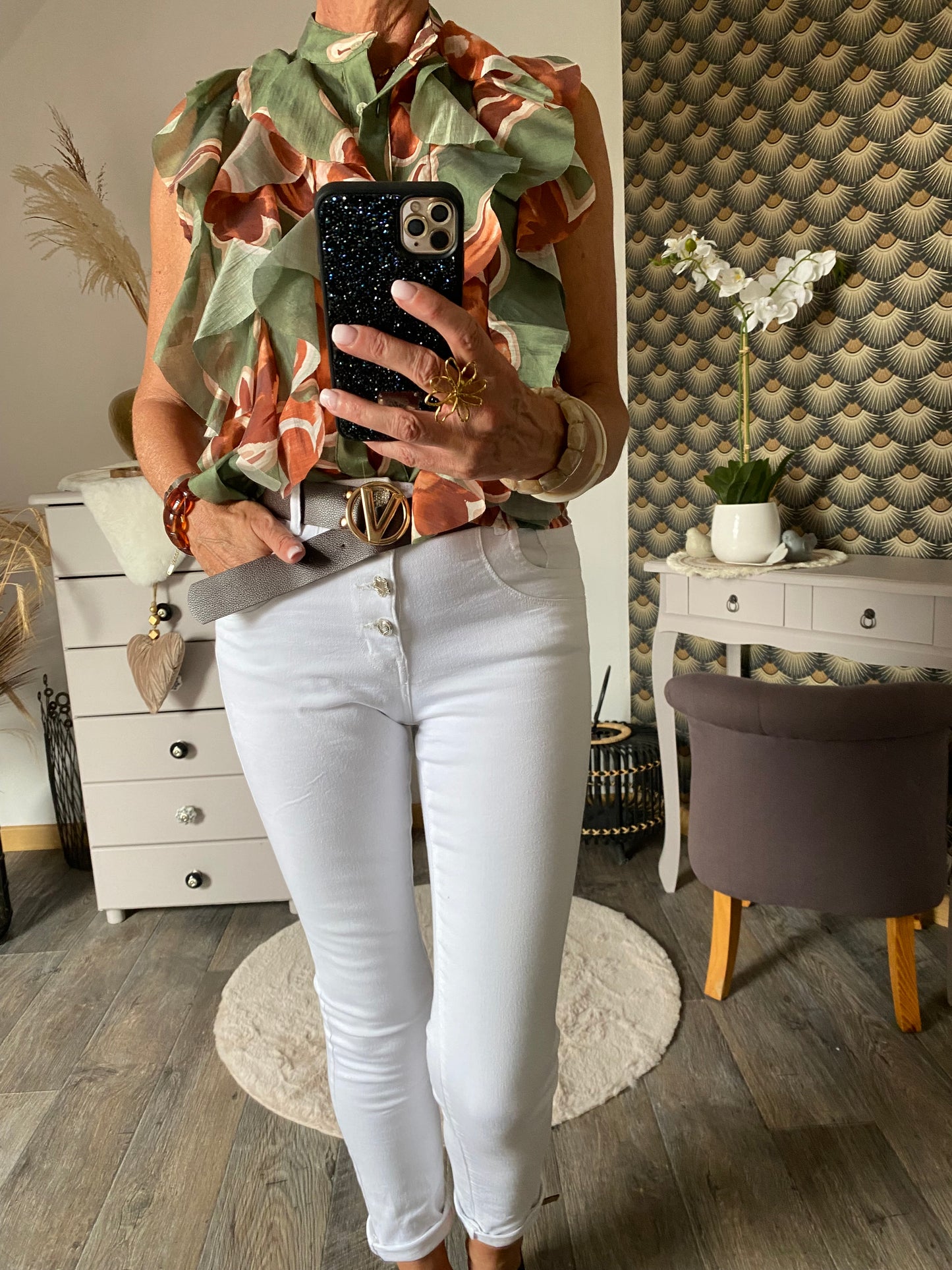 TOP FROUFROU KAKI AVEC FLEURS MARRONS TU36/42