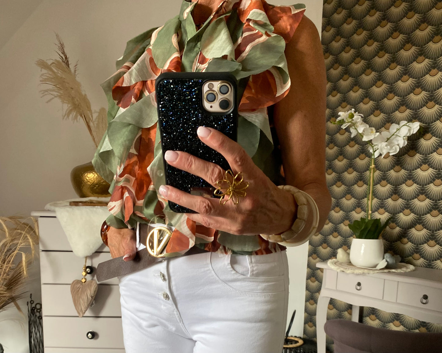 TOP FROUFROU KAKI AVEC FLEURS MARRONS TU36/42