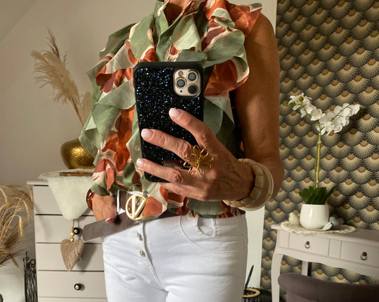 TOP FROUFROU KAKI AVEC FLEURS MARRONS TU36/42
