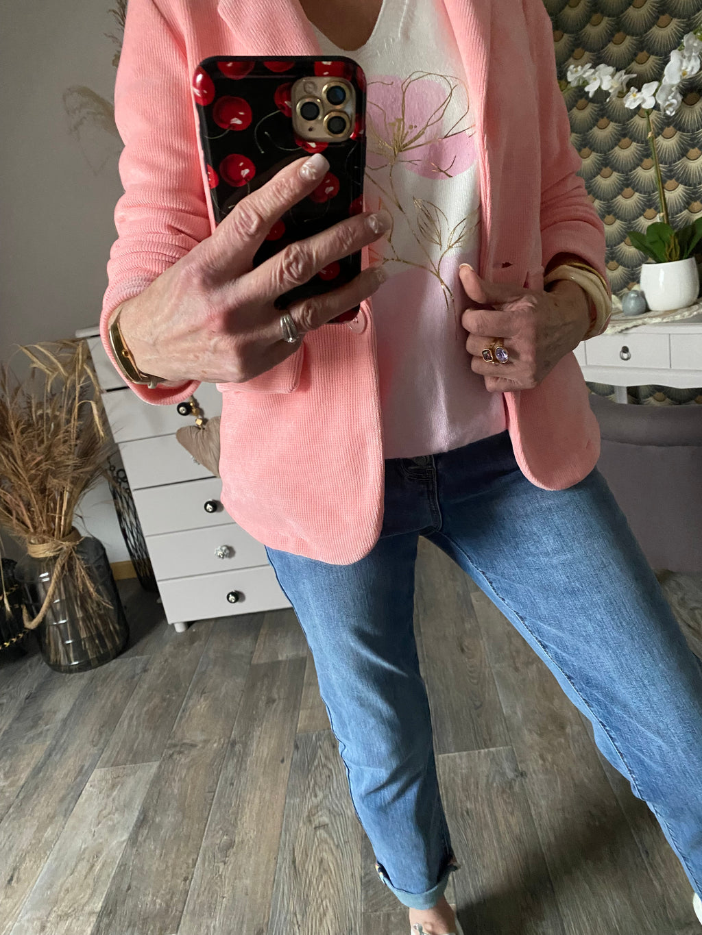 PULL FIN  CARLA FLEURS ROSE  TU 38/44