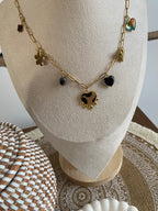 COLLIER BRELOQUES COEUR LEOPARD ET NOIRS   ACIER INOXYDABLE