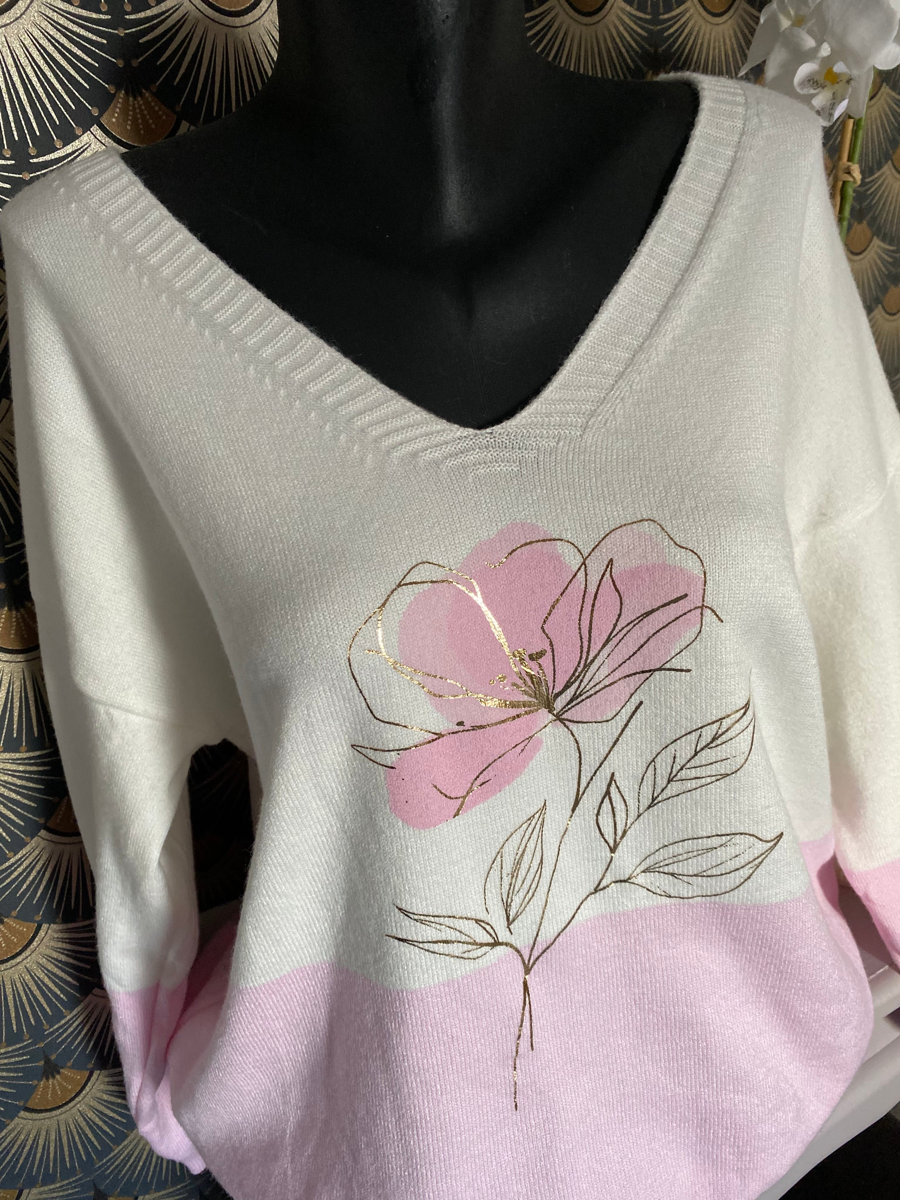 PULL FIN  CARLA FLEURS ROSE  TU 38/44
