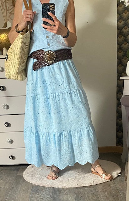 ENSEMBLE JUPE ET GILET BOHEME BLEU  36/42  BRODERIE ANGLAISE