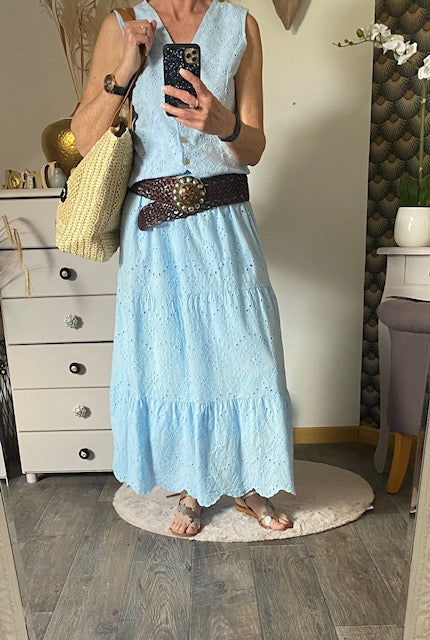 ENSEMBLE JUPE ET GILET BOHEME BLEU  36/42  BRODERIE ANGLAISE