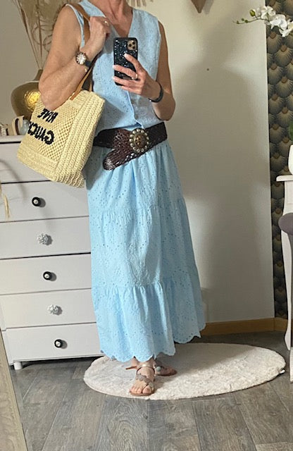 ENSEMBLE JUPE ET GILET BOHEME BLEU  36/42  BRODERIE ANGLAISE