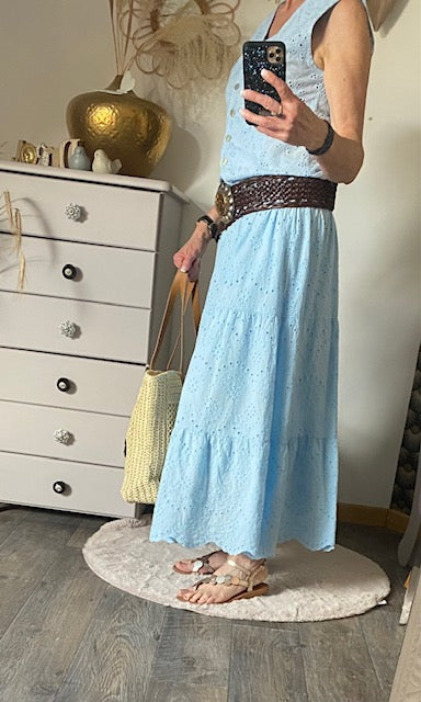ENSEMBLE JUPE ET GILET BOHEME BLEU  36/42  BRODERIE ANGLAISE