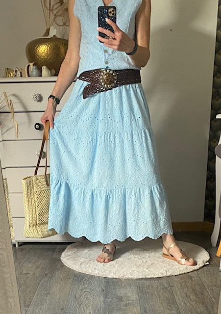 ENSEMBLE JUPE ET GILET BOHEME BLEU  36/42  BRODERIE ANGLAISE