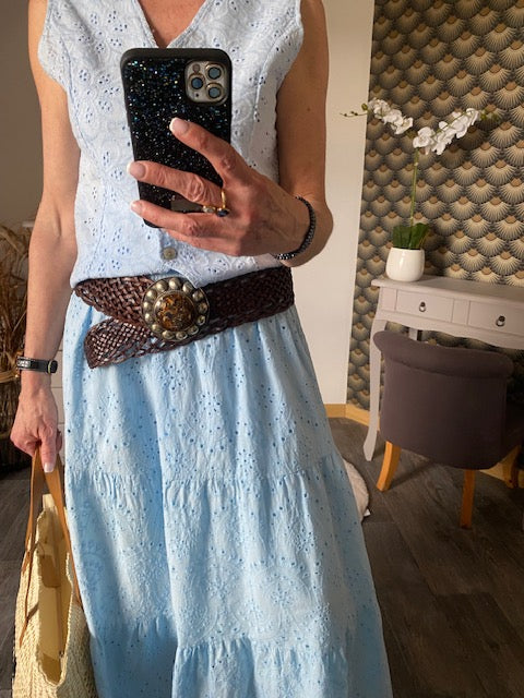 ENSEMBLE JUPE ET GILET BOHEME BLEU  36/42  BRODERIE ANGLAISE