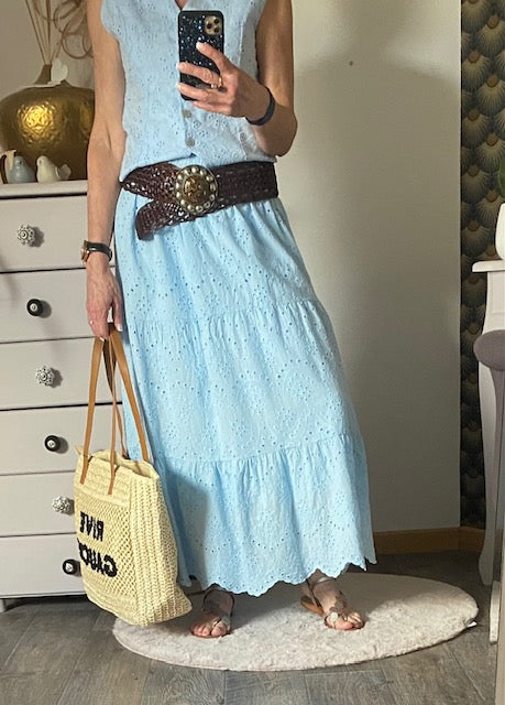 ENSEMBLE JUPE ET GILET BOHEME BLEU  36/42  BRODERIE ANGLAISE