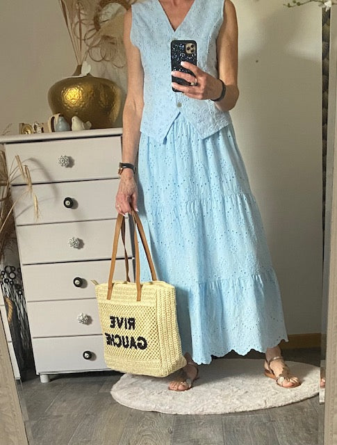 ENSEMBLE JUPE ET GILET BOHEME BLEU  36/42  BRODERIE ANGLAISE