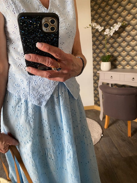 ENSEMBLE JUPE ET GILET BOHEME BLEU  36/42  BRODERIE ANGLAISE