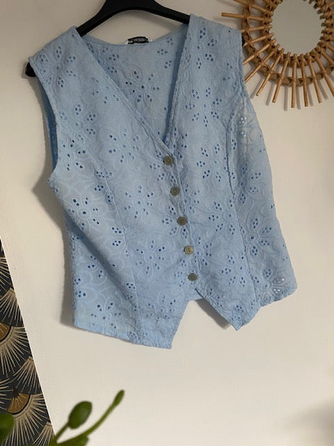 ENSEMBLE JUPE ET GILET BOHEME BLEU  36/42  BRODERIE ANGLAISE